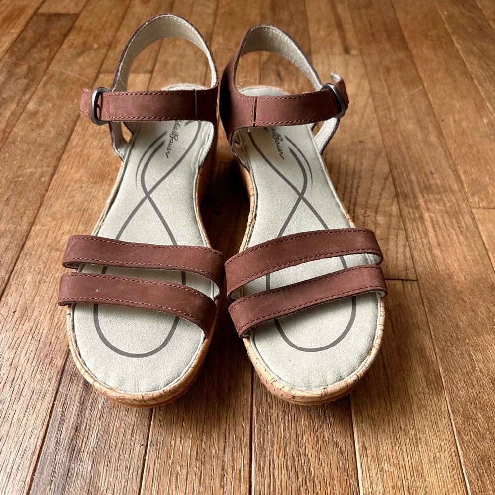 Eddie Bauer Strappy Wedge Sandals Womens 9 Leather Cork Platform Brown Casual